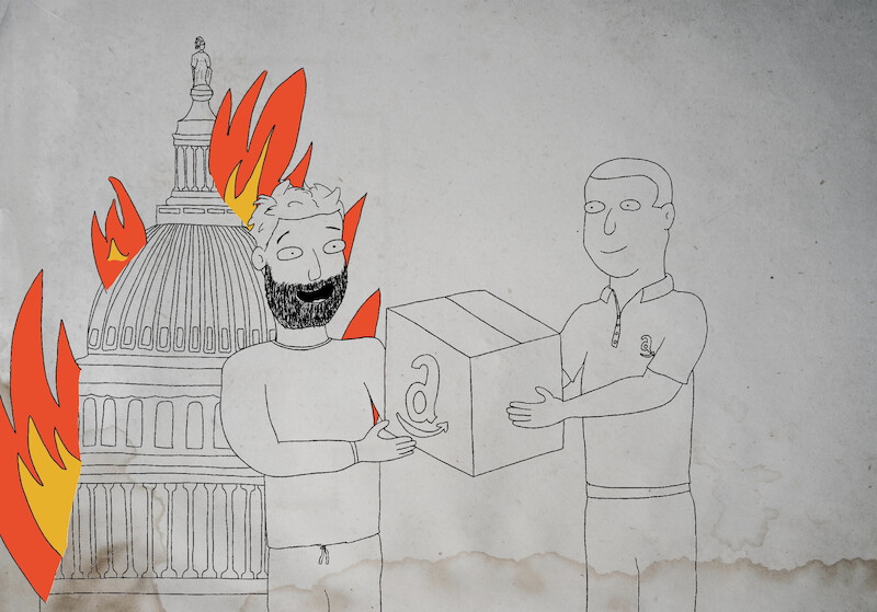 Enjoying an Amazon delivery while the US Capitol is burning in the background